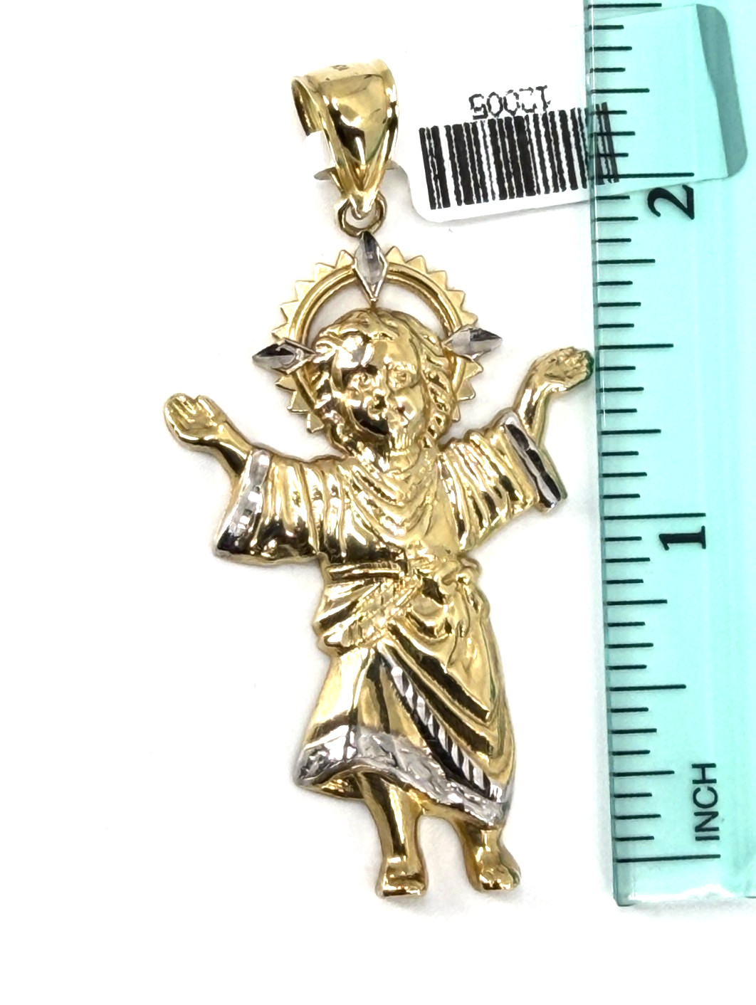 10K Solid Yellow Gold Divino Nino Baby Jesus Two Tone Diamond Cut Pendant Italy