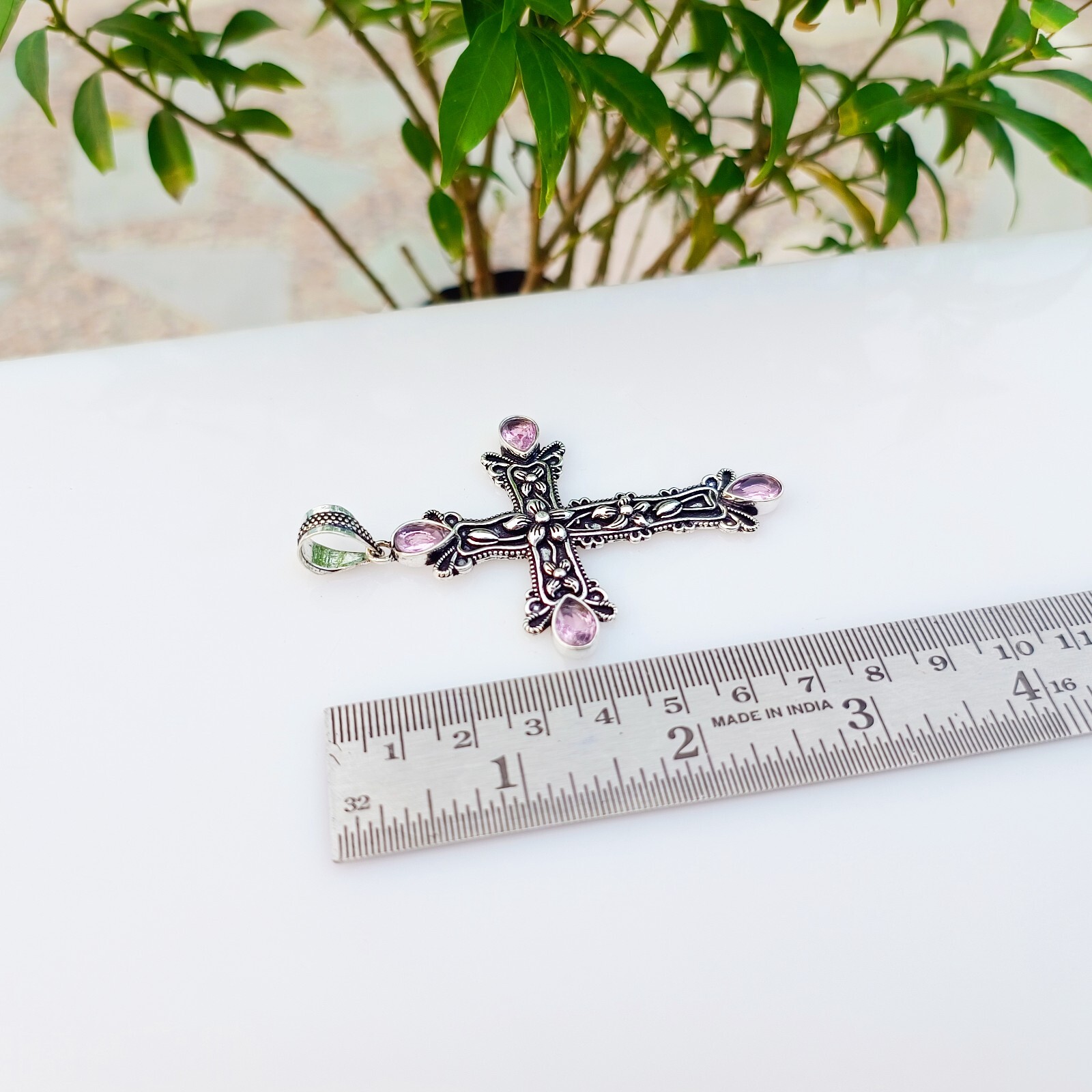 Pink Topaz Cross Pendant 925 Sterling Silver Handmade Gemstone Jewelry 2.83″