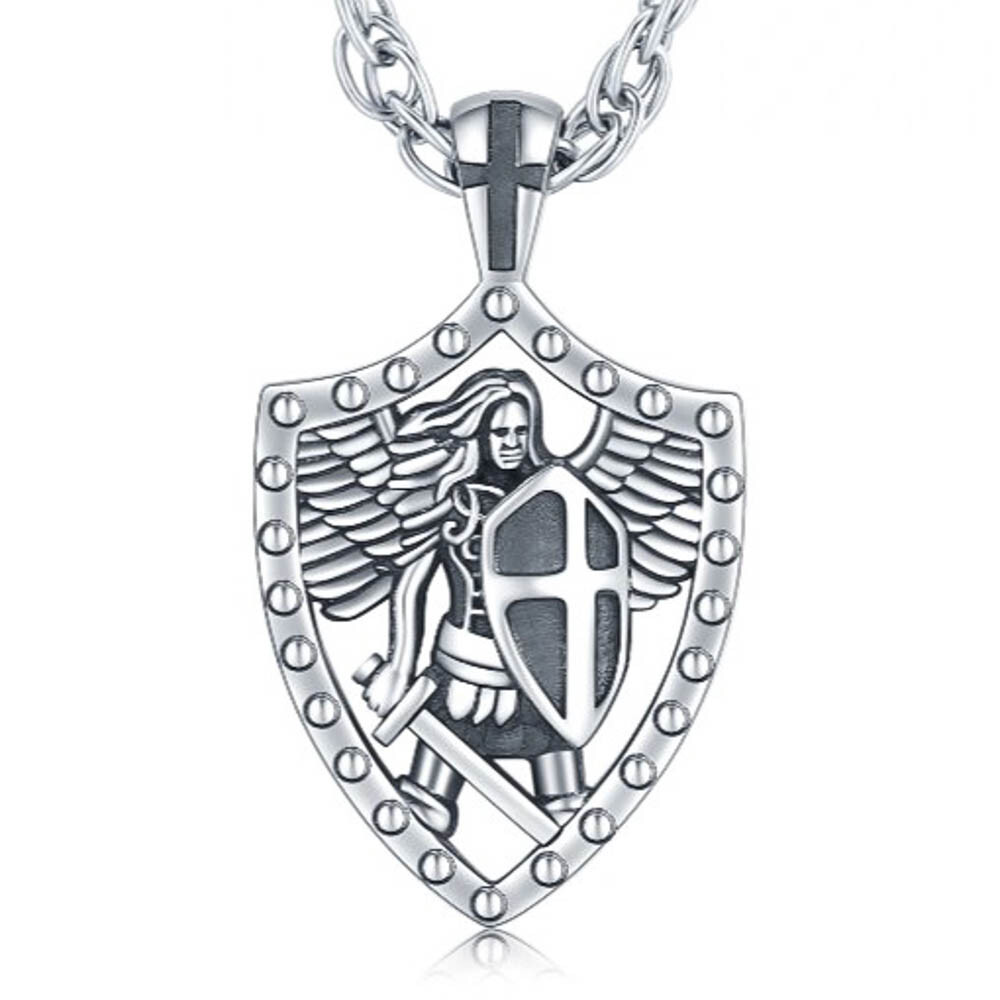 MLD 925 Sterling Silver Saint St Michael Shield Pendant Necklace w/ 22″ Chain