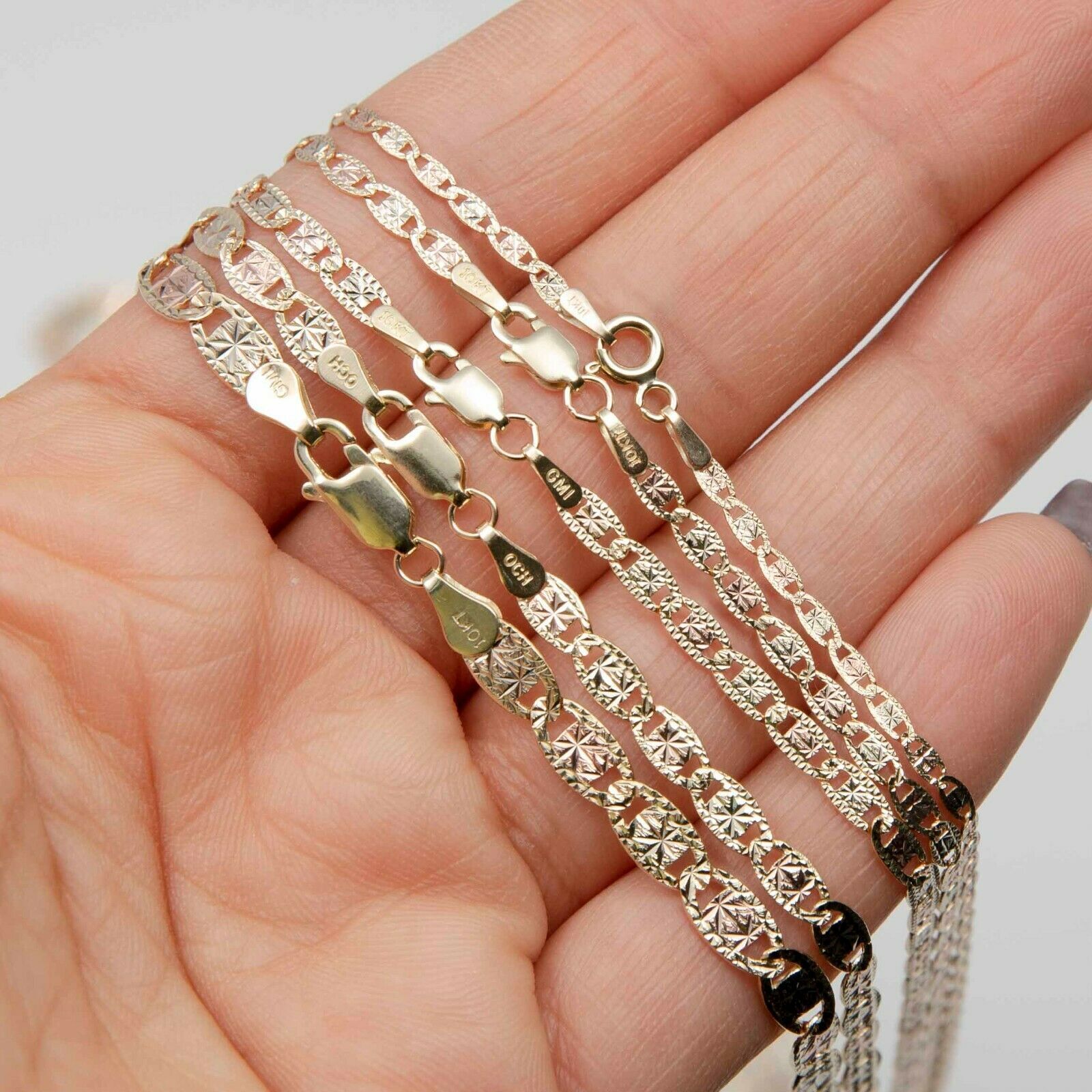 Diamond Cut Valentino Link Chain Necklace Real 10K Tri-Color Gold All Sizes