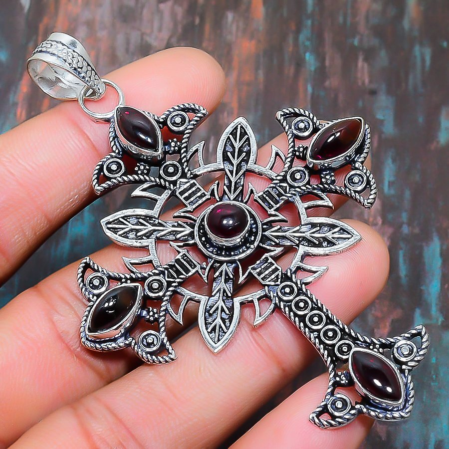 Cross Garnet Gemstone Handmade 925 Sterling Silver Jewelry Pendant