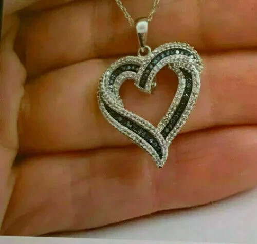 1Ct Round Cut Blue Sapphire & Diamond Heart Pendant Necklace 14k White Gold Over