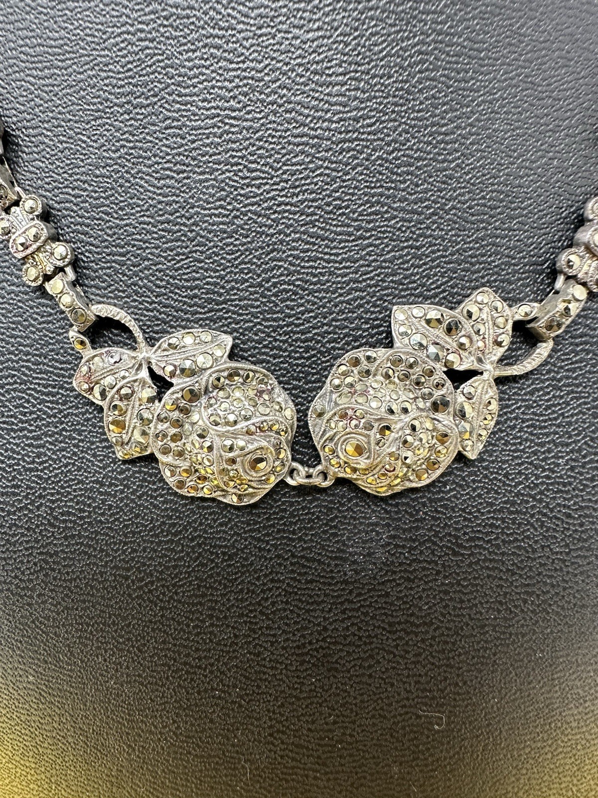 Sterling Silver Marcasite 2 Rose Pendant Choker Necklace Elegant Chic 33g 16 In
