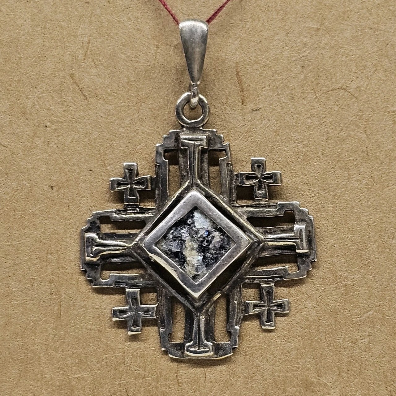 925 Sterling Silver Pendant Jerusalem Cross With Roman Glass