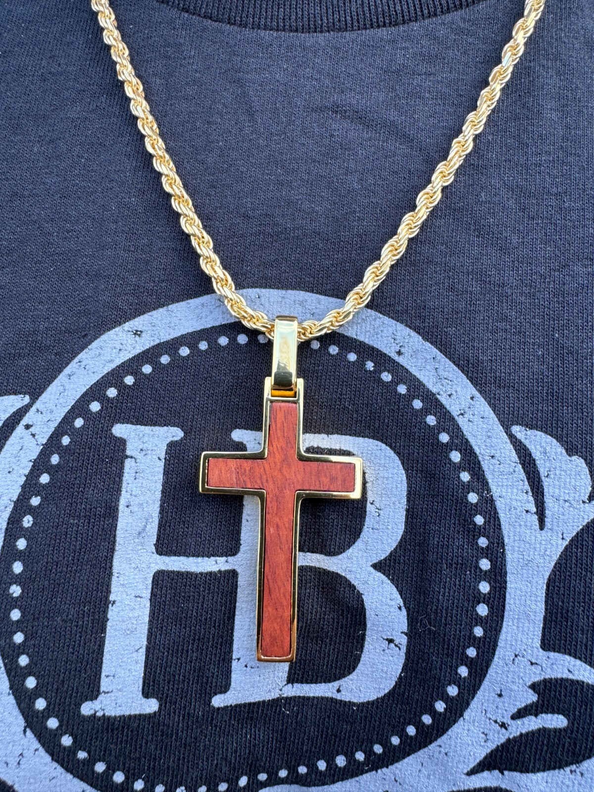 Large Mens Real 925 Silver & Wood Inlay Plain Religious Cross Pendant Necklace