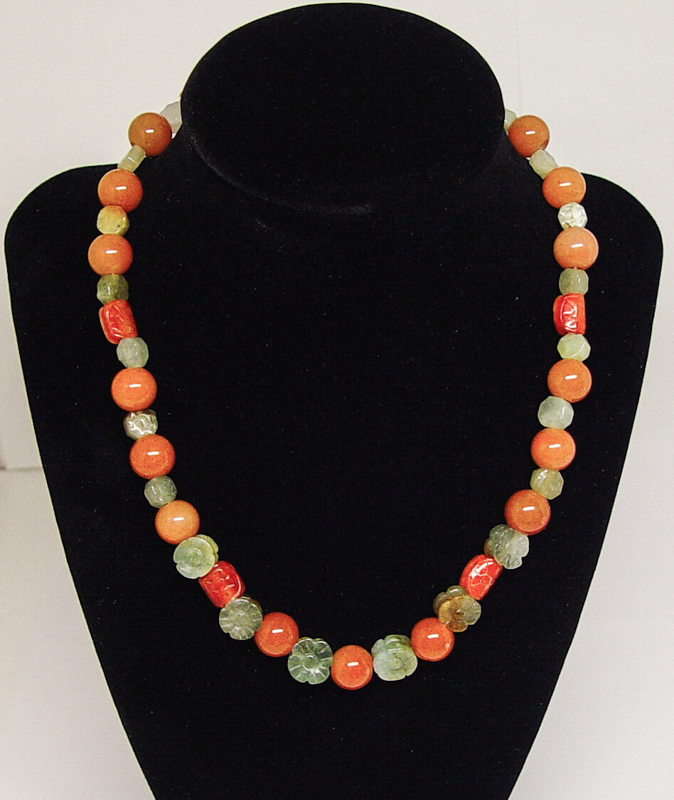 Genuine natural jadeite jade beads necklace 17″ Autumn Colors, rust & sea green