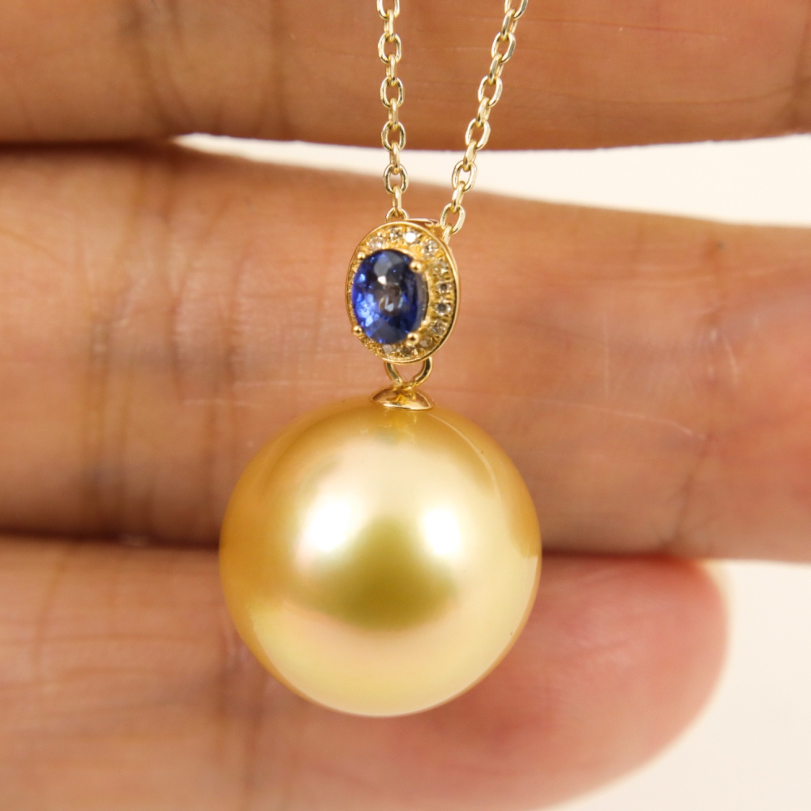 Massive 14mm Natural Golden South Sea Pearl Pendant w. Diamonds & Sapphire #113P