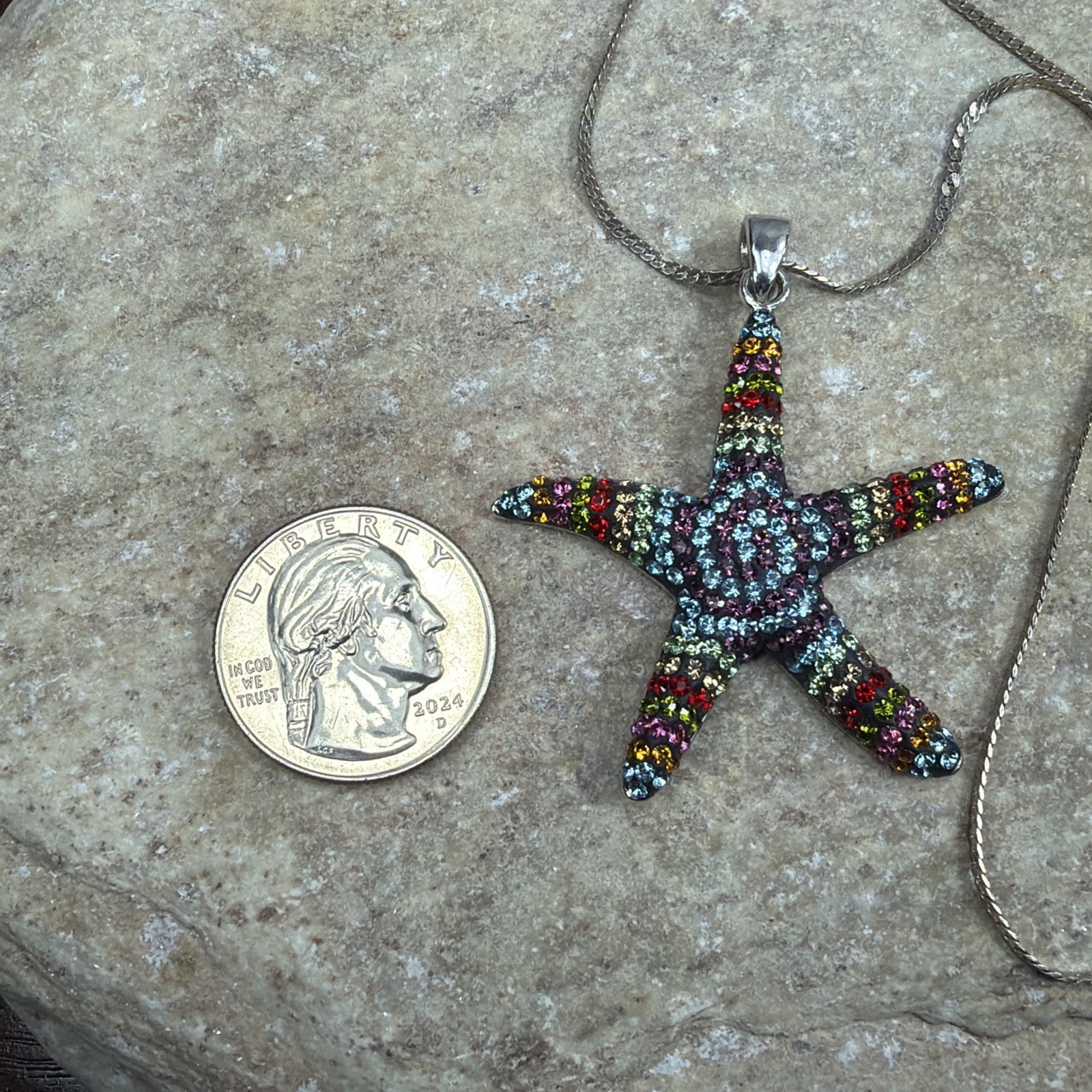 Sterling Silver Pave Multicolor Rainbow Rhinestone Starfish Pendant Thailand 16″