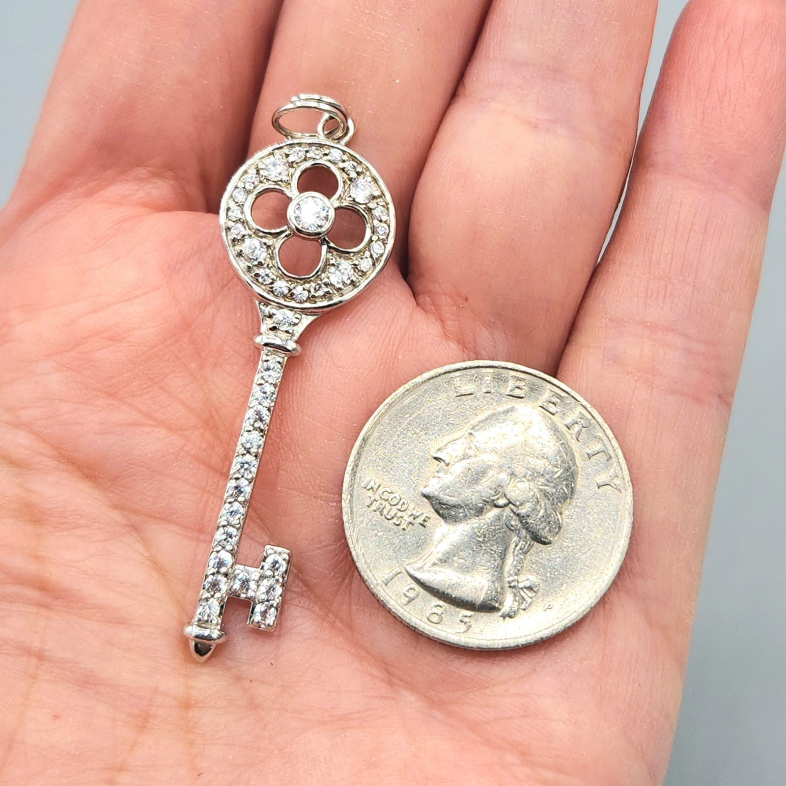 Nadri Signed Sterling Silver Crystal Pave Clover Key Pendant 3.2g