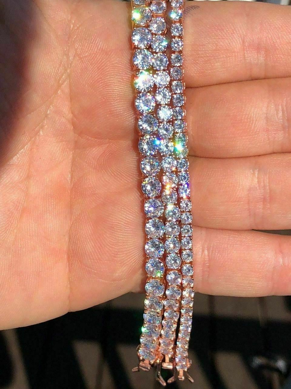 Cadena TENNIS De Plata 925 SOLIDA Bañada en Oro ROSA De 14K Con Diamantes Unisex