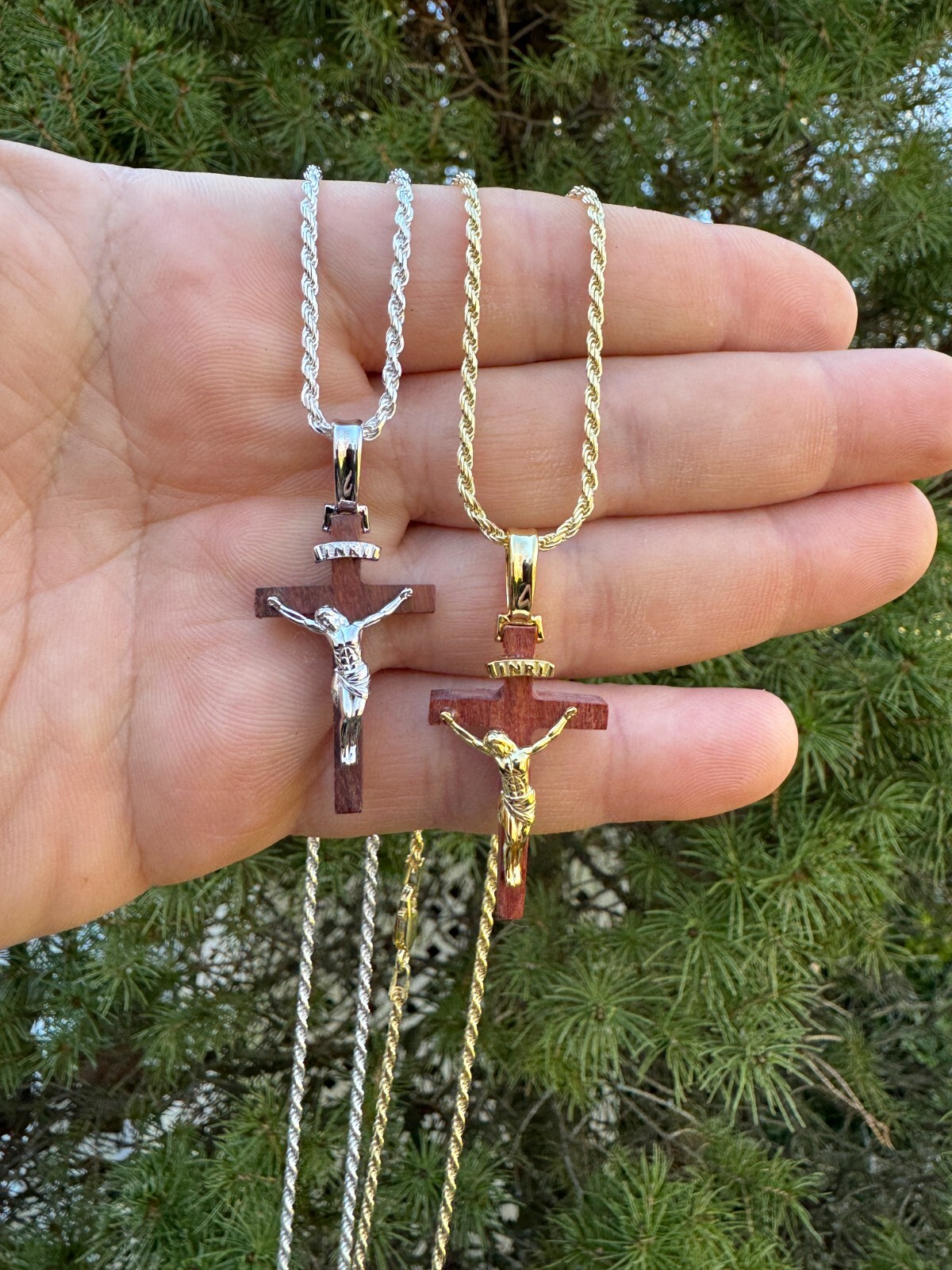 Mens Real 925 Silver Red Cherry Walnut Wood Jesus Cross Pendant Necklace 1.25″
