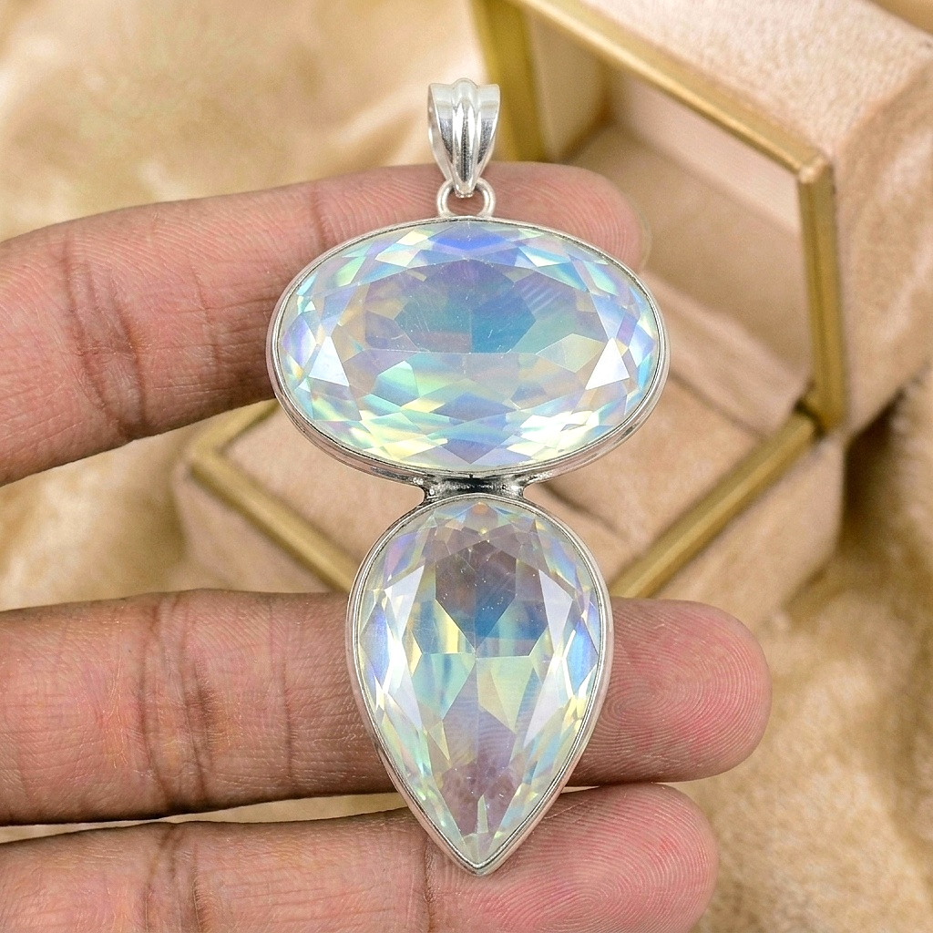 Silver Mystic Rainbow Gemstone Pendant 925 Sterling Silver Jewelry Pendant