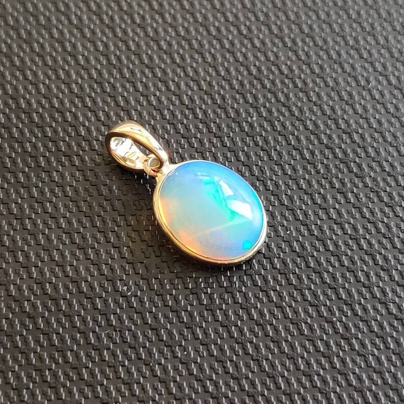 10K Solid Gold Natural Ethiopian Opal Handmade Dainty Pendant For Her Gift