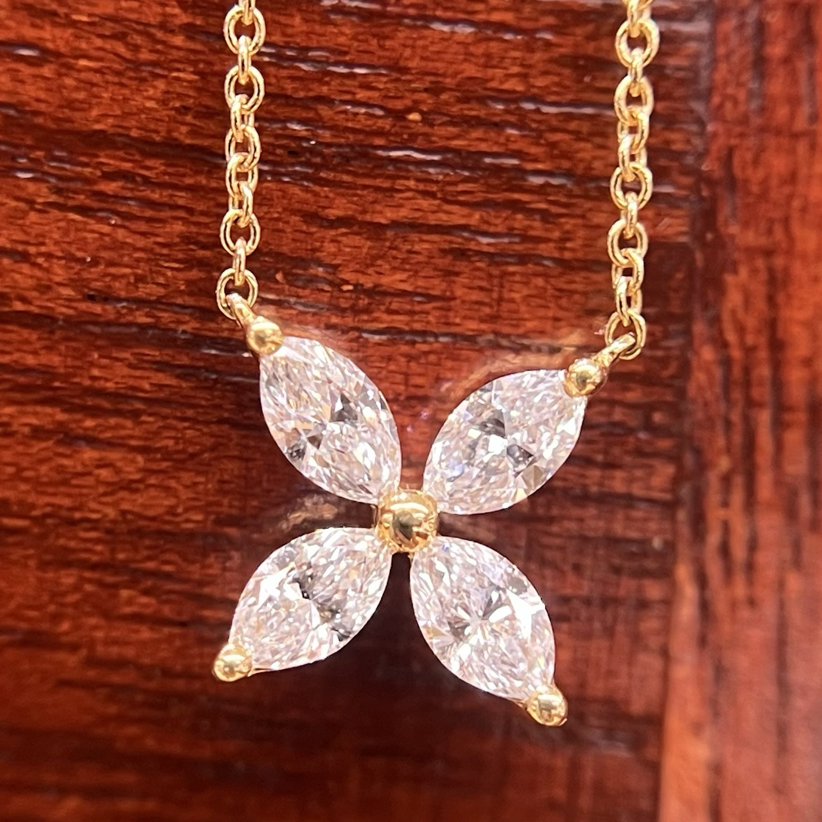 Dainty 0.47cts Marquise Real Diamonds Flower Pendant 18K Yellow Gold Necklace