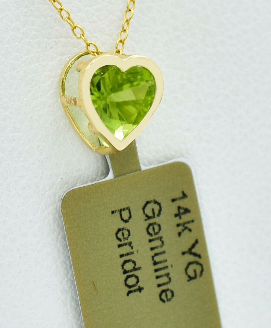 GENUINE 0.78 Cts PERIDOT HEART PENDANT 14K YELLOW GOLD – Free CHAIN – NWT