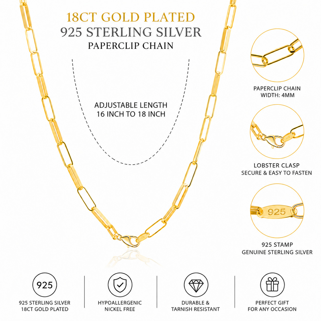 18ct Gold Plated 925 Sterling Silver Paperclip Chain Necklace Adjustable 16-18″