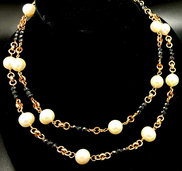 HONORA WHITE PEARL & BLACK BEAD NECKLACE BRONZE MILOR ITALY NEW IN BOX