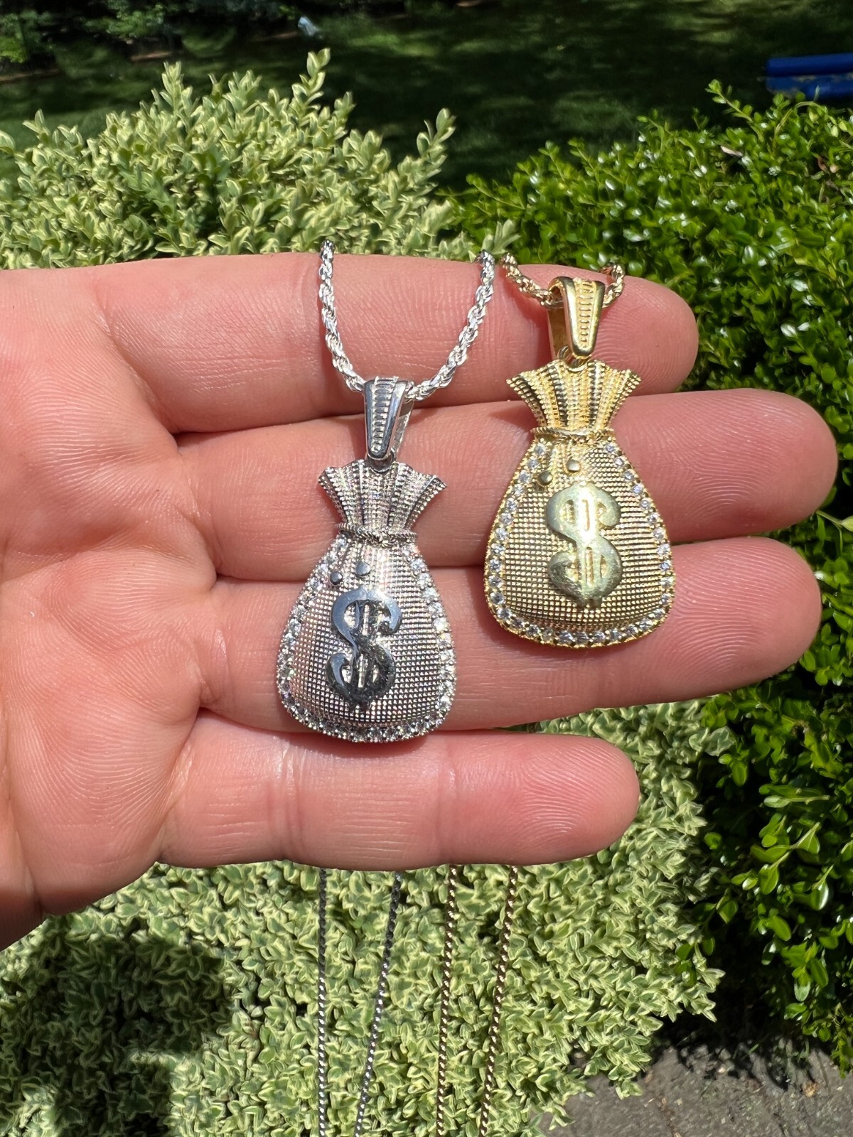 Real 925 Silver / 14k Gold Plated Money Bag Dollar Sign Pendant Necklace Iced CZ