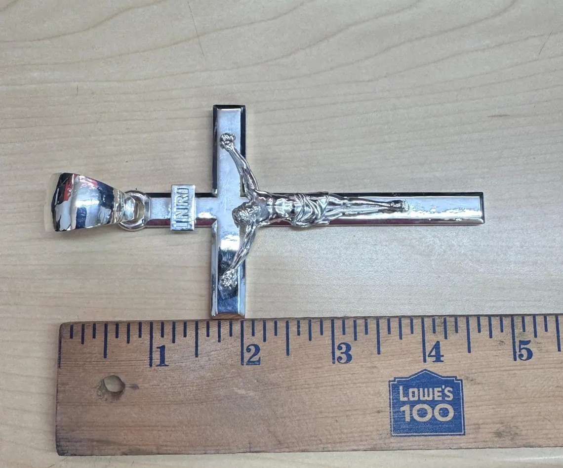 Large beveled 5″ heavy Cross Crucifix Jesus Christ Charm Pendant Silver .925