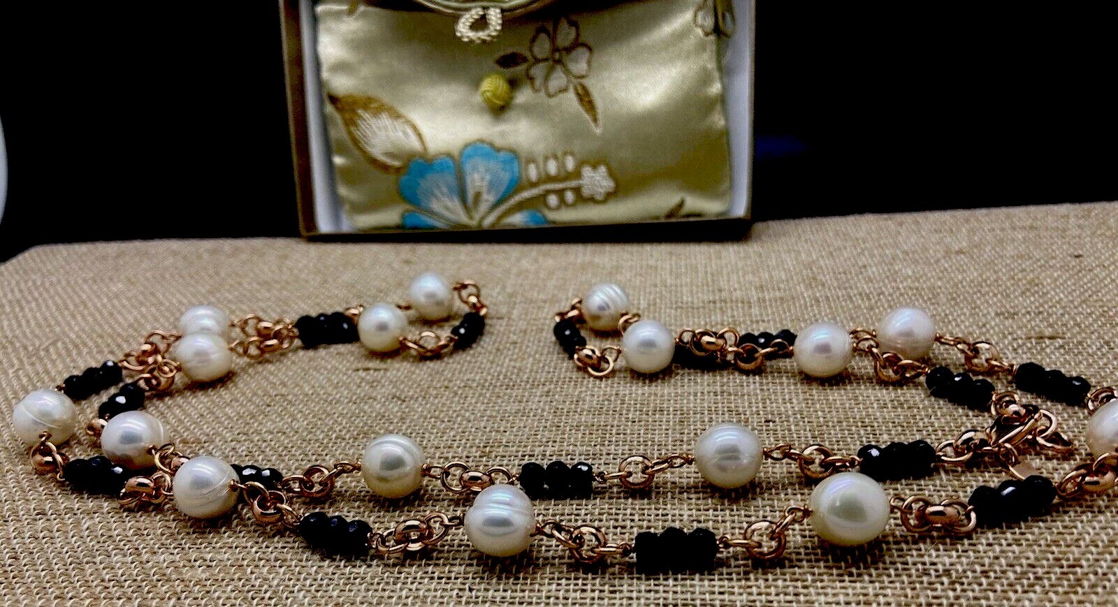 HONORA WHITE PEARL & BLACK BEAD NECKLACE BRONZE MILOR ITALY NEW IN BOX