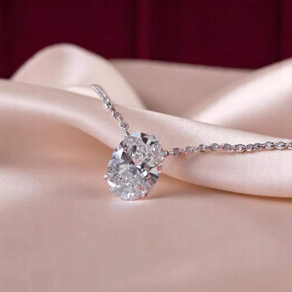 3Ct Oval-Cut VVS1 Moissanite Solitaire Pendant Necklace 14K White Gold Plated
