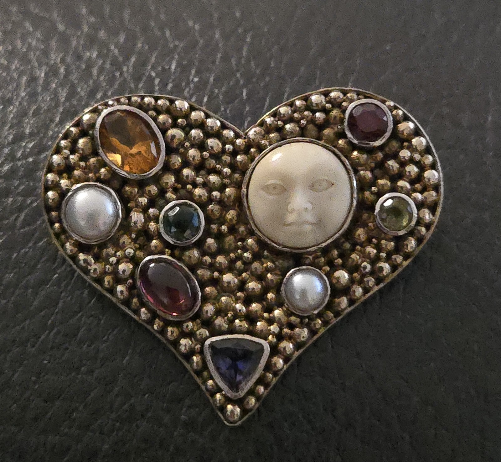 Sterling Silver Heart Shaped Carved Goddess Brooch Pin Artisan Bali Design 925