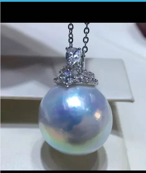 HUGE 18” 14-13mm White blue natural south sea pearl pendant S925 silver