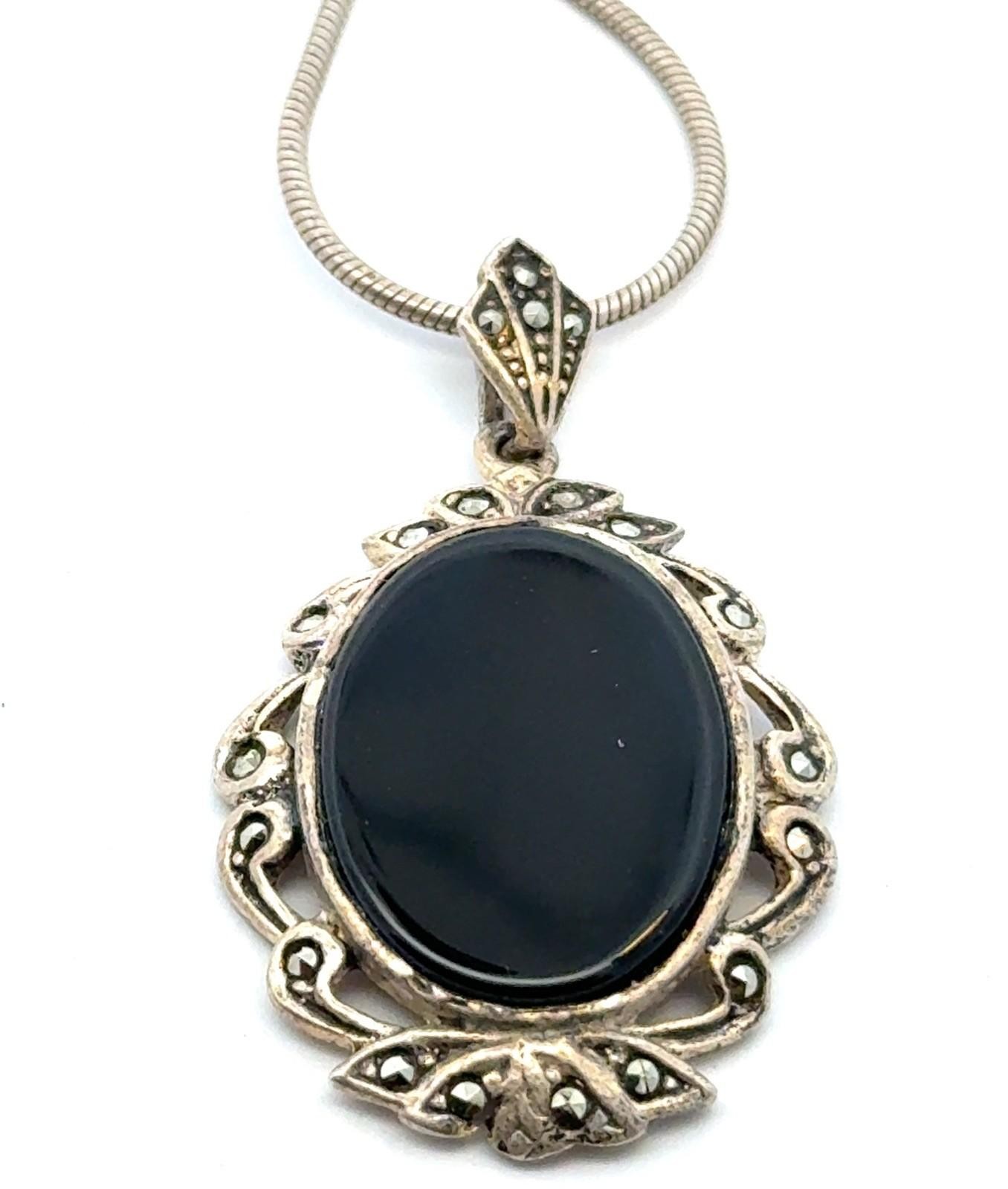 18” x 1.22mm .925 Sterling Silver Onyx & Marcasite Pendant Necklace 9.9g