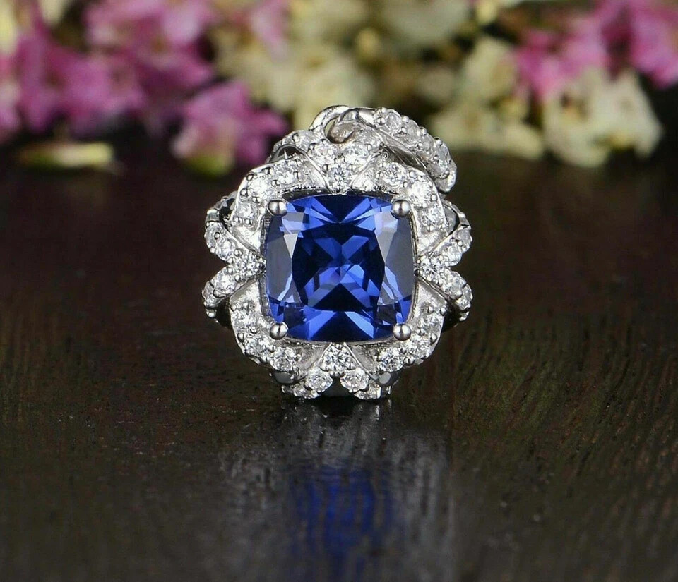 2Ct Cushion Blue Sapphire Halo Pendant 14K White Gold Finish Free Chain