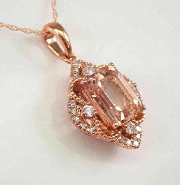 3.00Ct Emerald Cut Morganite Halo Pendent 14K Rose Gold Finish 18” Free Chain