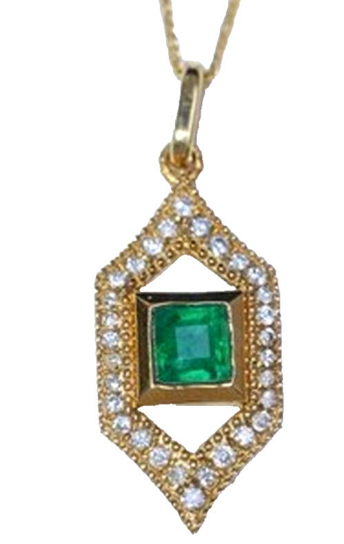 0.60ct Natural round diamond 14k BIS Hallmarked yellow gold Emerald Pendant
