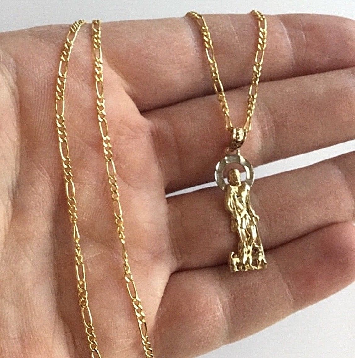10K Solid Gold Saint Lazarus Pendant – 10K Real Gold 2mm Figaro 20″ Chain -3.2gr