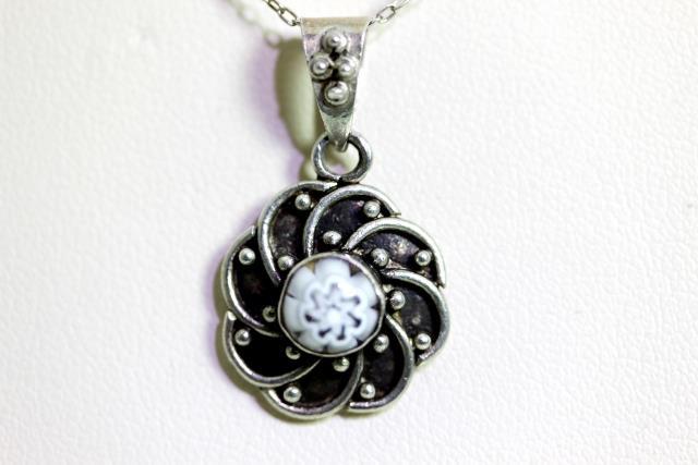 Handmade Sterling Silver Millefiori Italian Glass Flower Pendant 1” – 10711