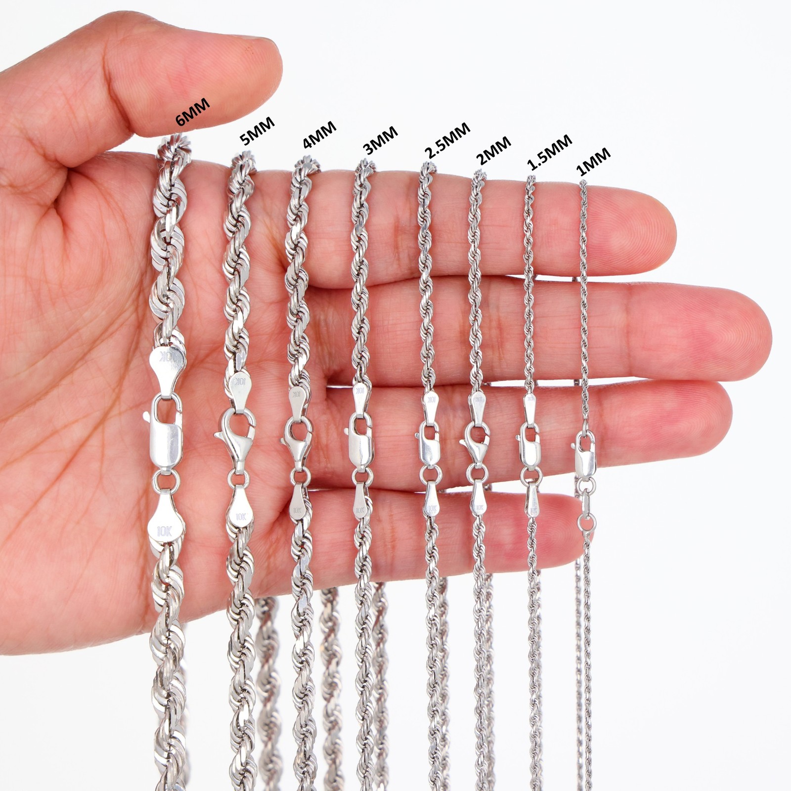 10K White Gold 1.5mm-6mm Diamond Cut Solid Rope Chain Pendant Necklace 16″- 30″