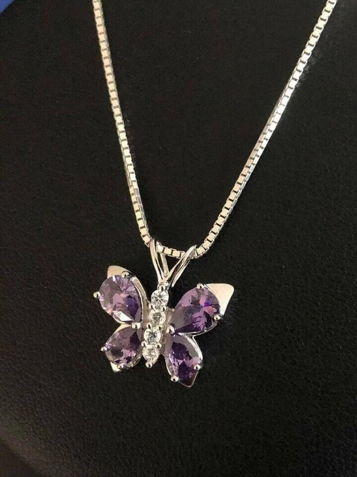 2Ct Pear Cut Amethyst Butterfly Pendant 14K White Gold Finish With 18″Free Chain
