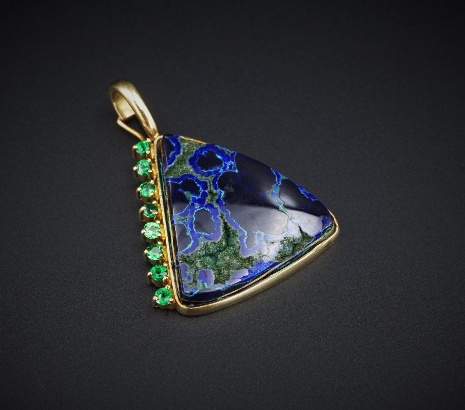 Artisan 18k Yellow Gold Azurite Slab Garnet Enhancer Pendant 1.5″ PG1731
