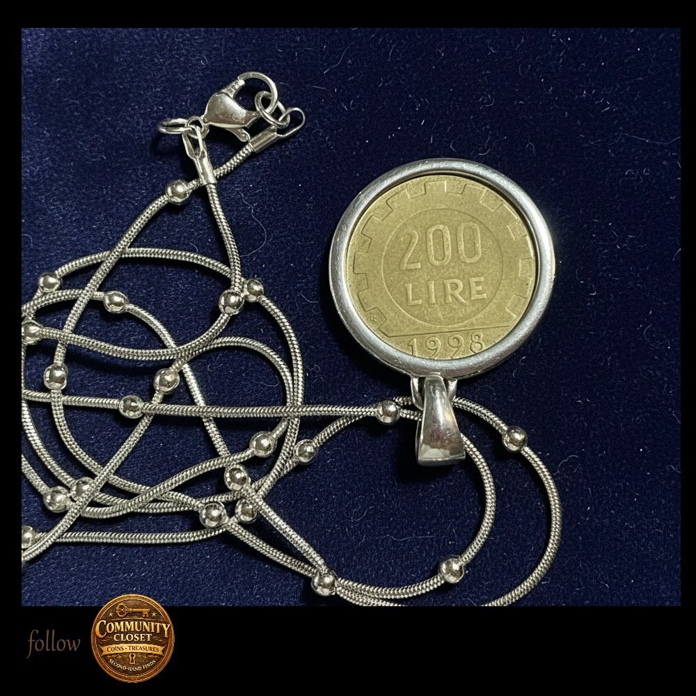 Milor Italy 925 Sterling Silver 200 Lire Coin Pendant Necklace 1998 Vintage 34″