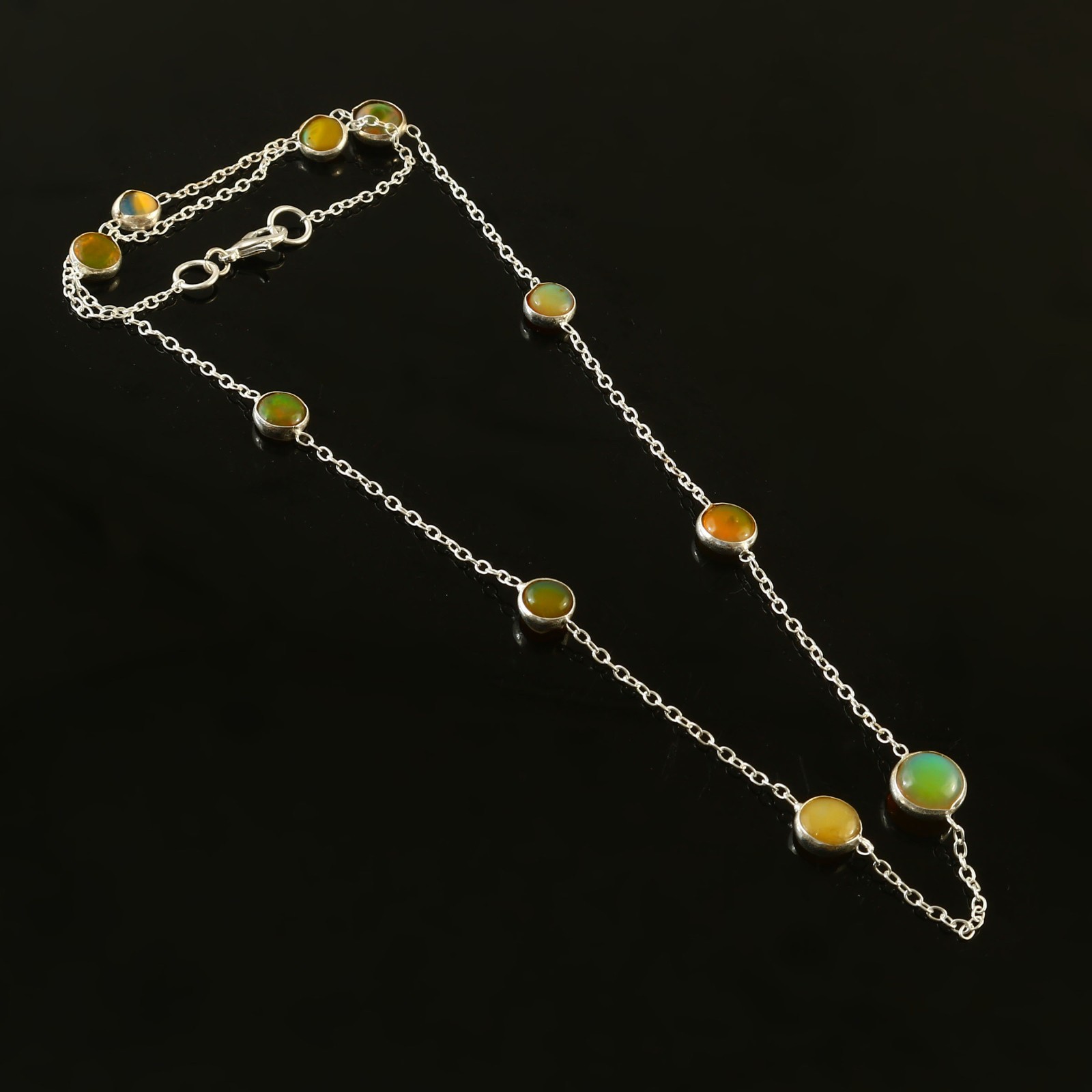Ethiopian Opal Station Necklace Sterling Silver Bezel Set Gemstone Chain 2951