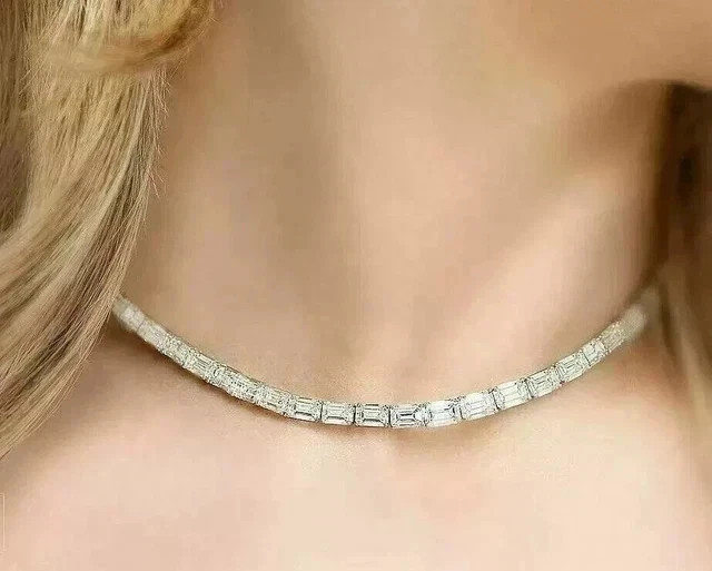19Ct Emerald Cut Lab Created Diamond Tennis Necklace 14K White Gold Plated 18″In