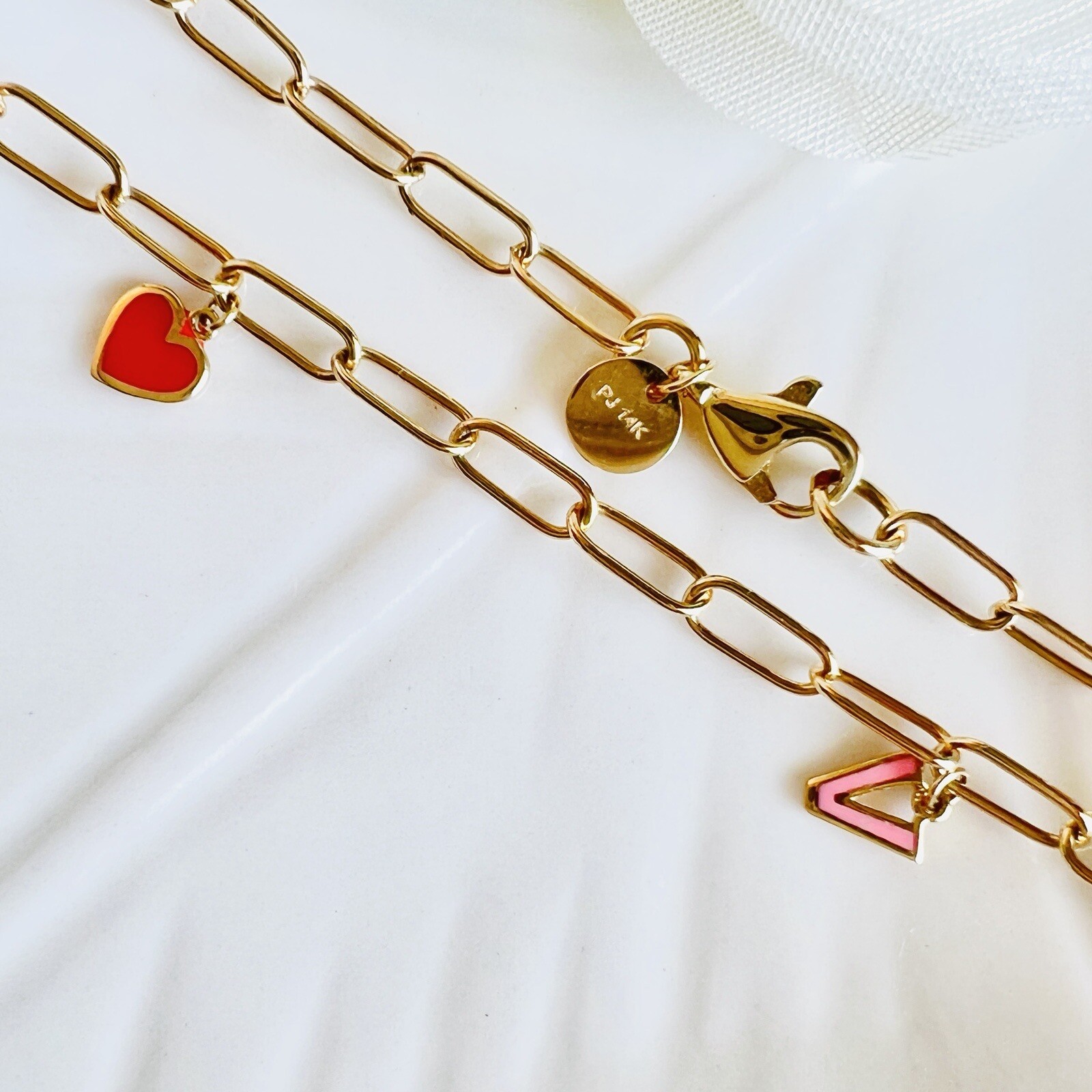 Solid 14k Yellow Gold Paper Clip Enameled “LOVE” Charm Necklace, 17″ New