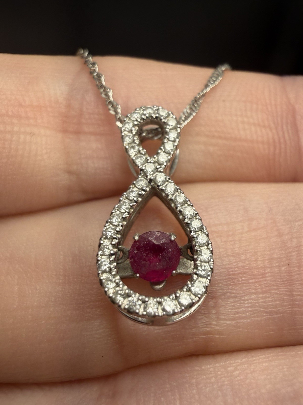 14K White Gold Natural Ruby & Diamond Infinity Pendant Necklace Estate Jewelry