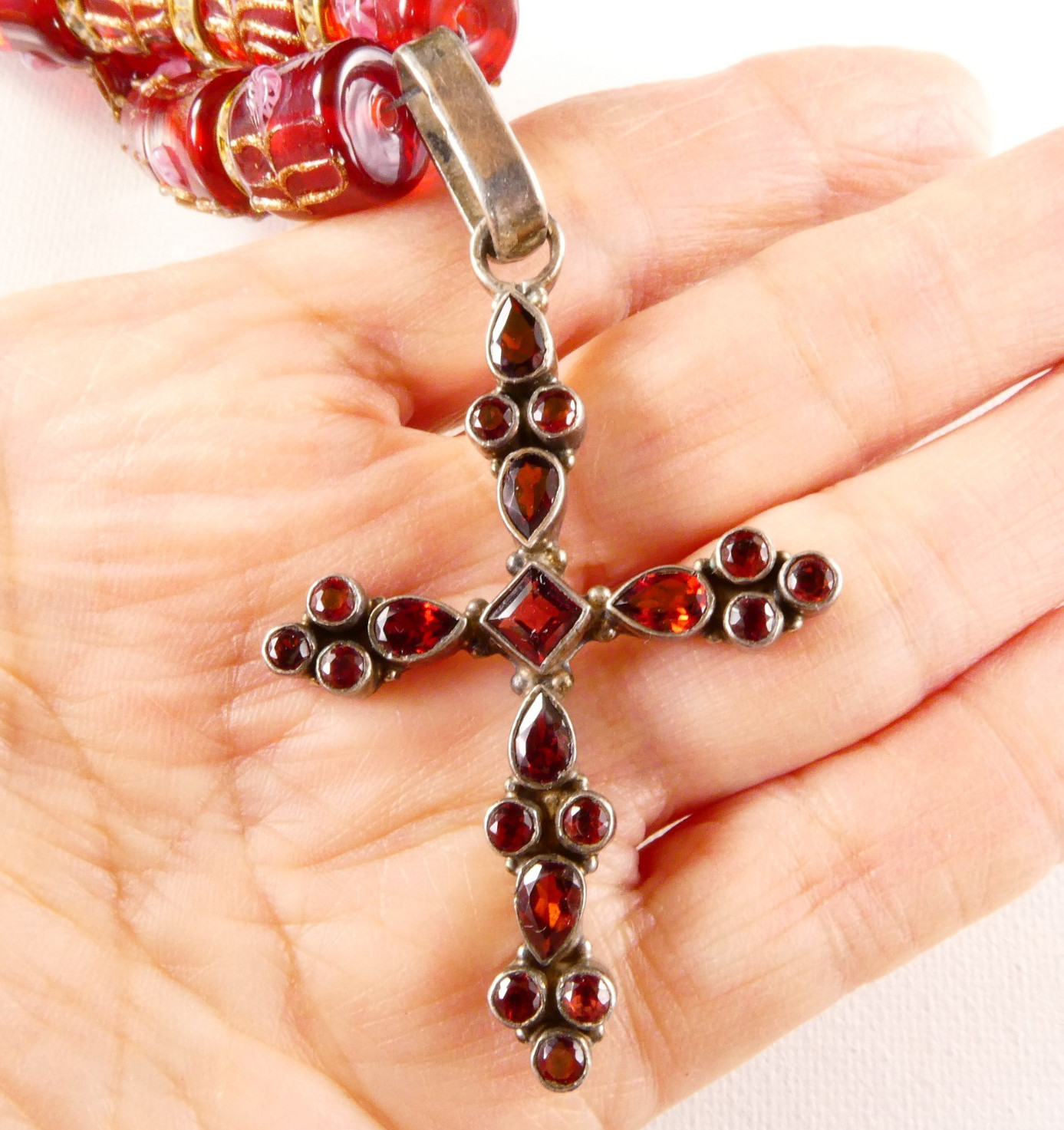 Sterling Silver Garnet Cross Pendant Necklace Red Glass Barrel Beads Crystals