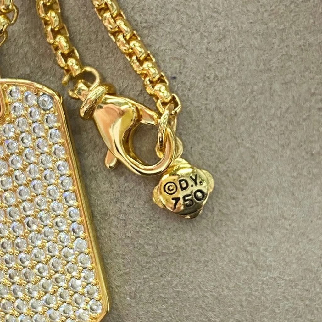 David Yurman Gold Tone Paved Dog Tag Pendant Necklace