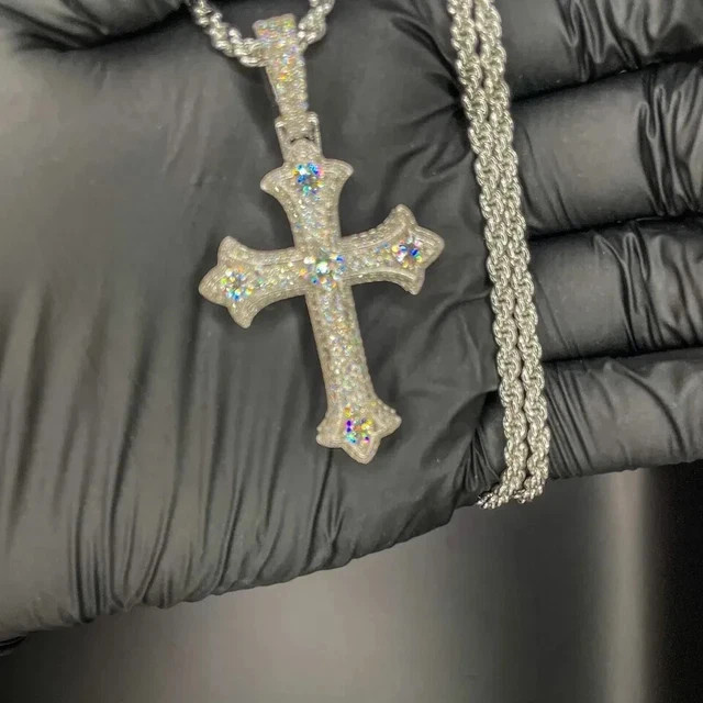 3Ct Round Cut Real Moissanite Cross Men’s Pendant 14K White Gold plated