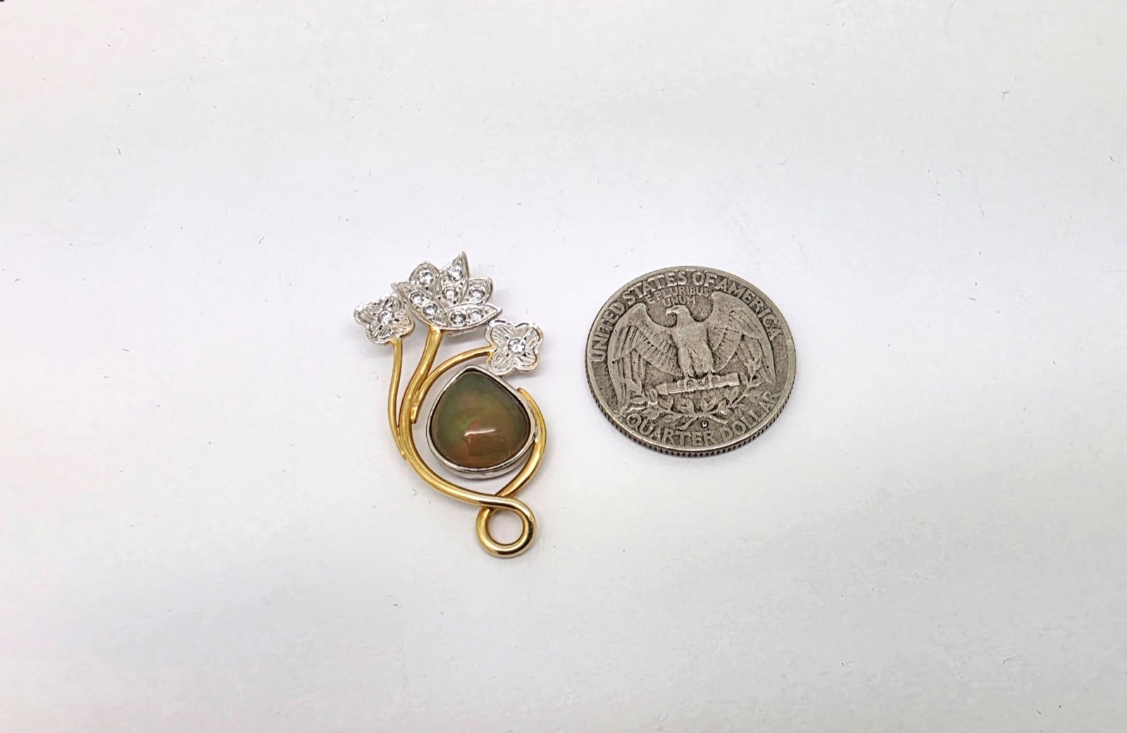 VINTAGE 14K WHITE/YELLOW GOLD OPAL & DIAMONDS SLIDE PENDANT,1 3/8″