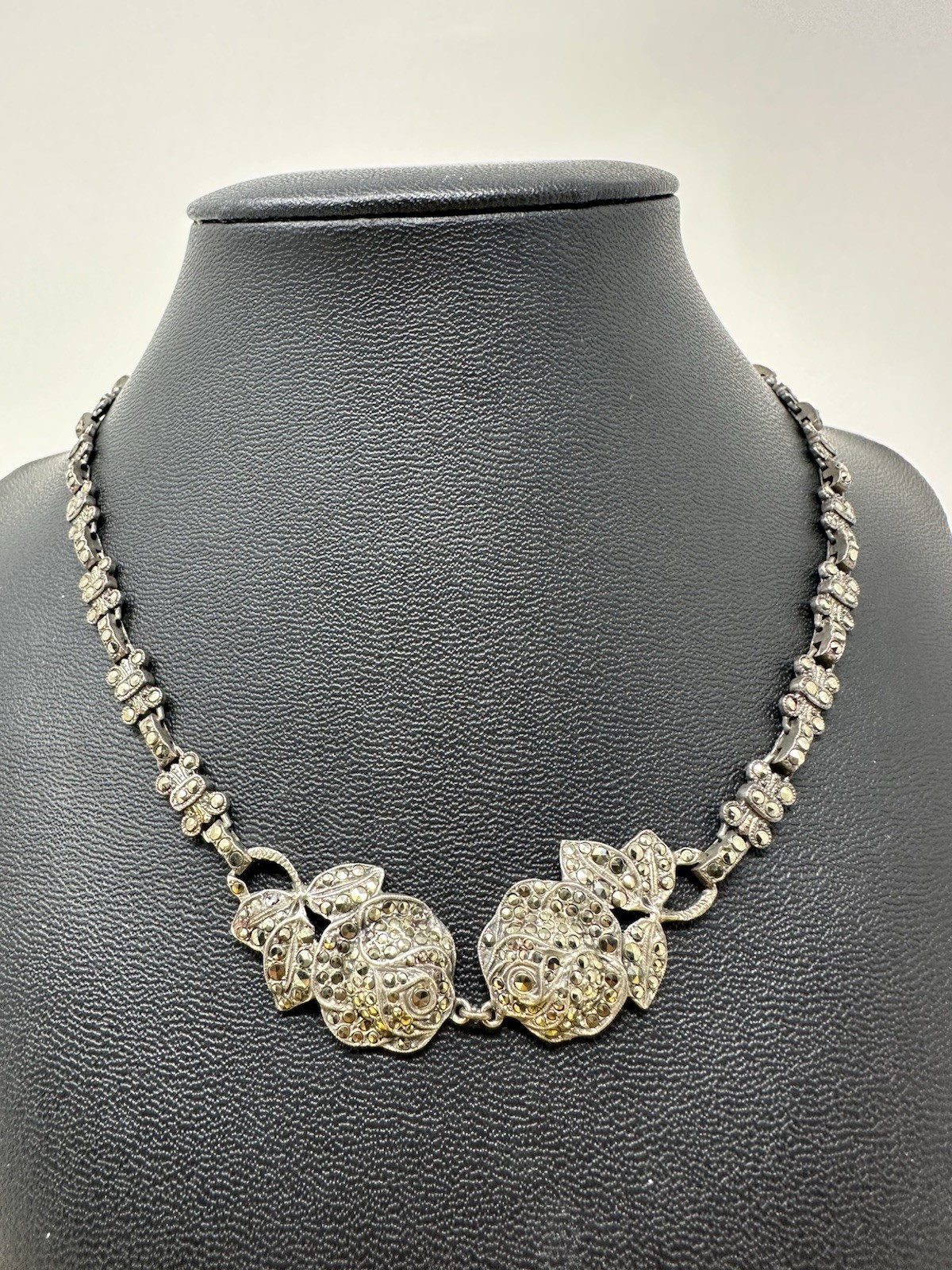 Sterling Silver Marcasite 2 Rose Pendant Choker Necklace Elegant Chic 33g 16 In