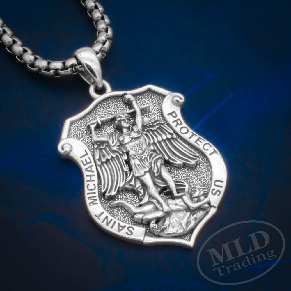 MLD 925 Sterling Silver Saint St Michael Shield Medal Pendant Necklace