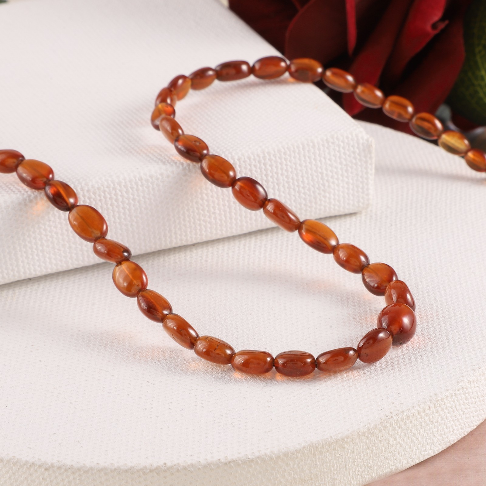 100%Natural Hessonite Garnet Stone Beaded Handmade Necklace Oval 925 Silver