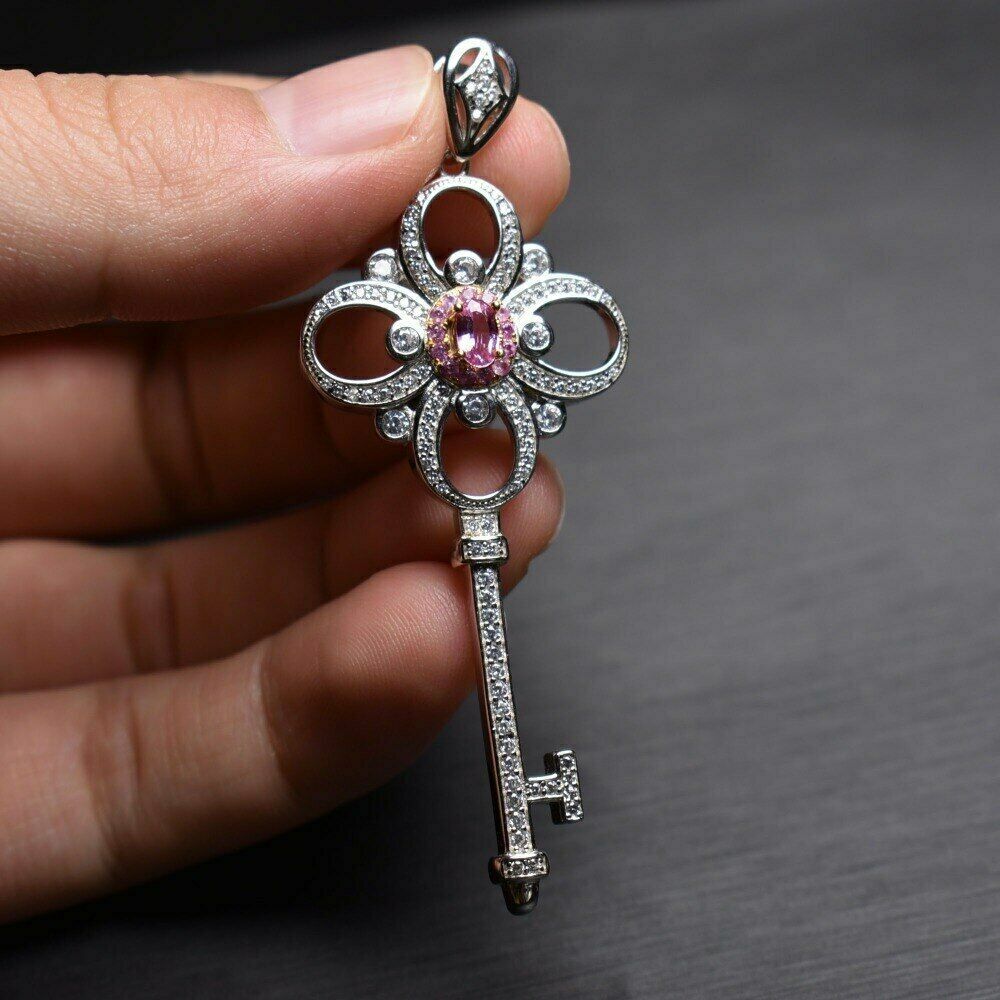 1Ct Round Cut Pink Sapphire Key Shape Pendant 14K White Gold Finish Free Chain