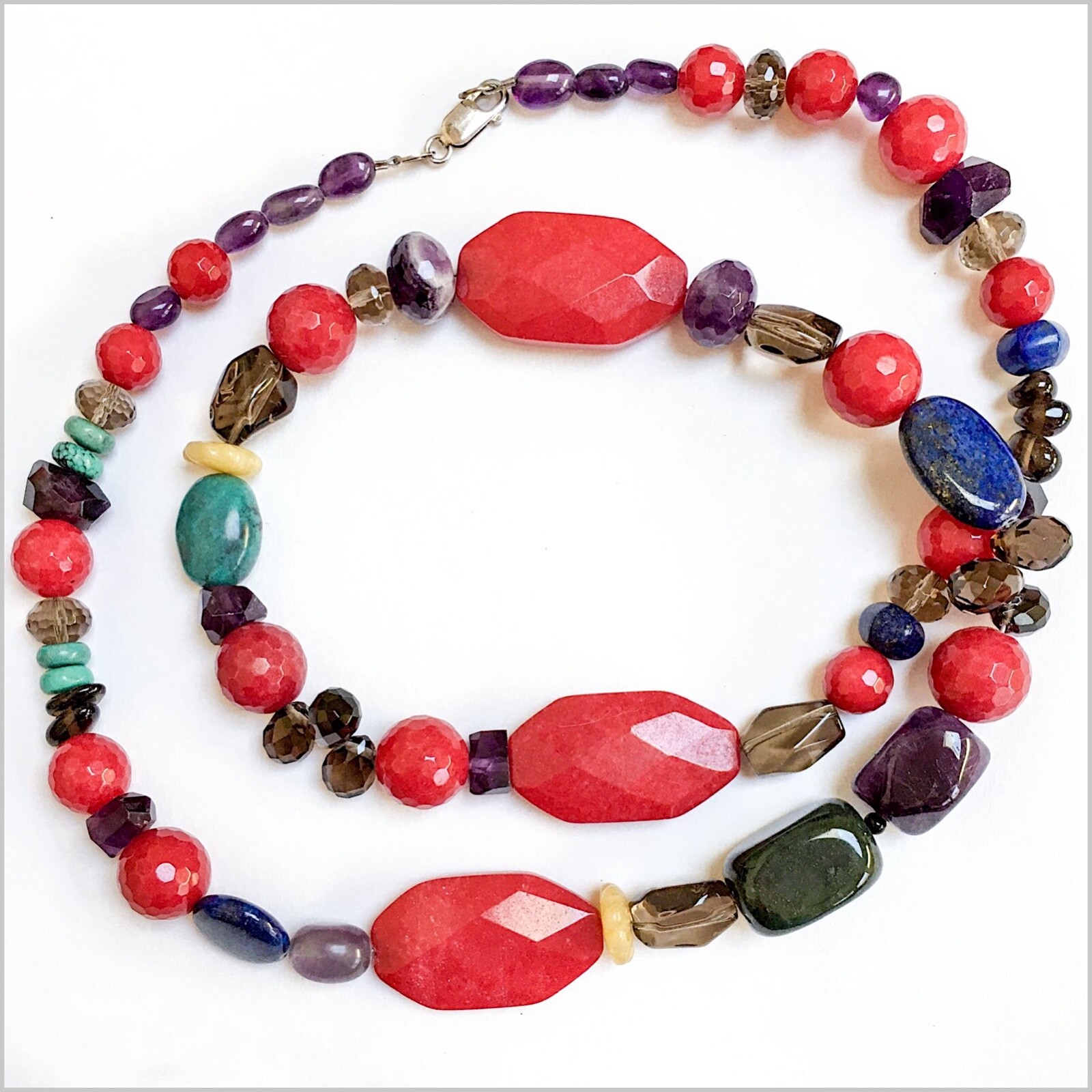 ABEL Raspberry Quartz Multi-Stone Necklace Sterling 20” Amethyst VERY GOOD COND